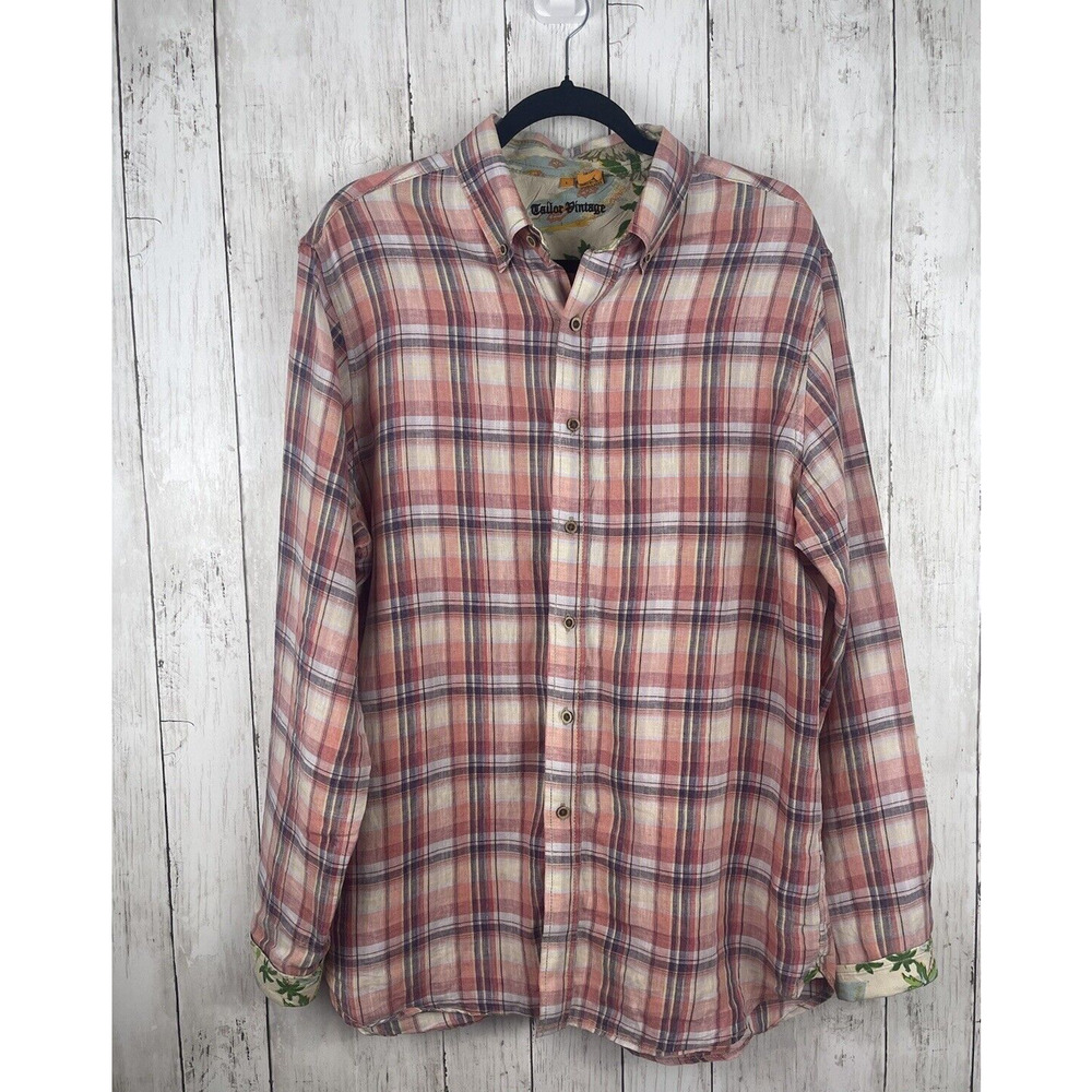 Tailor Vintage Shirt L Peach Multi 100% Linen Roll Tab Flip Cuff Preppy Academia